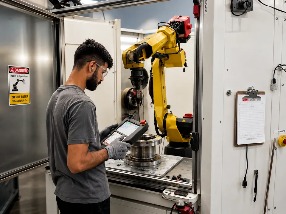 RWS robotic welding cell with technician at the control pendant