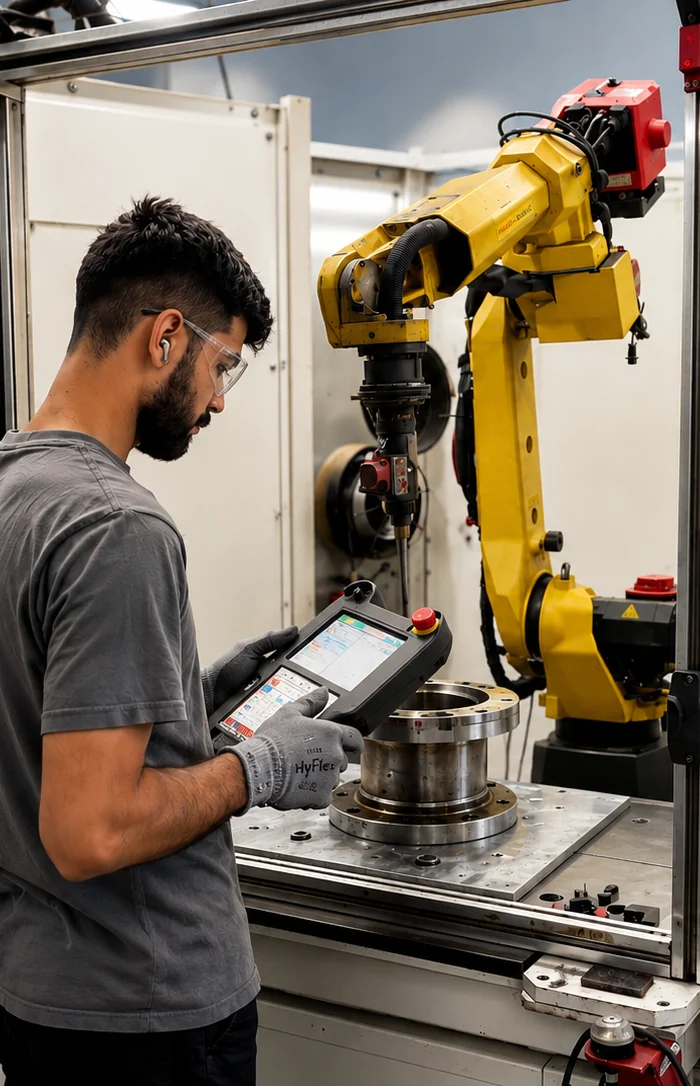 RWS technician operating a FANUC robotic welding cell in Burlington, Ontario