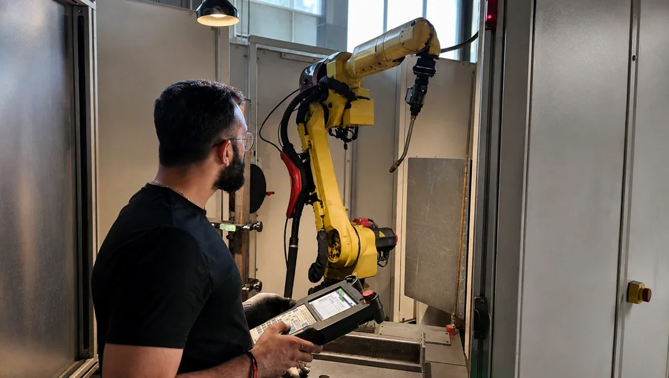RWS technician operating a FANUC robotic welding cell